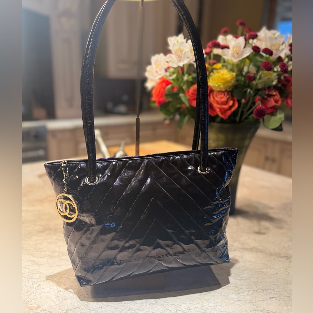 Chanel Vintage Black Patent Leather Chevron Tote Bag